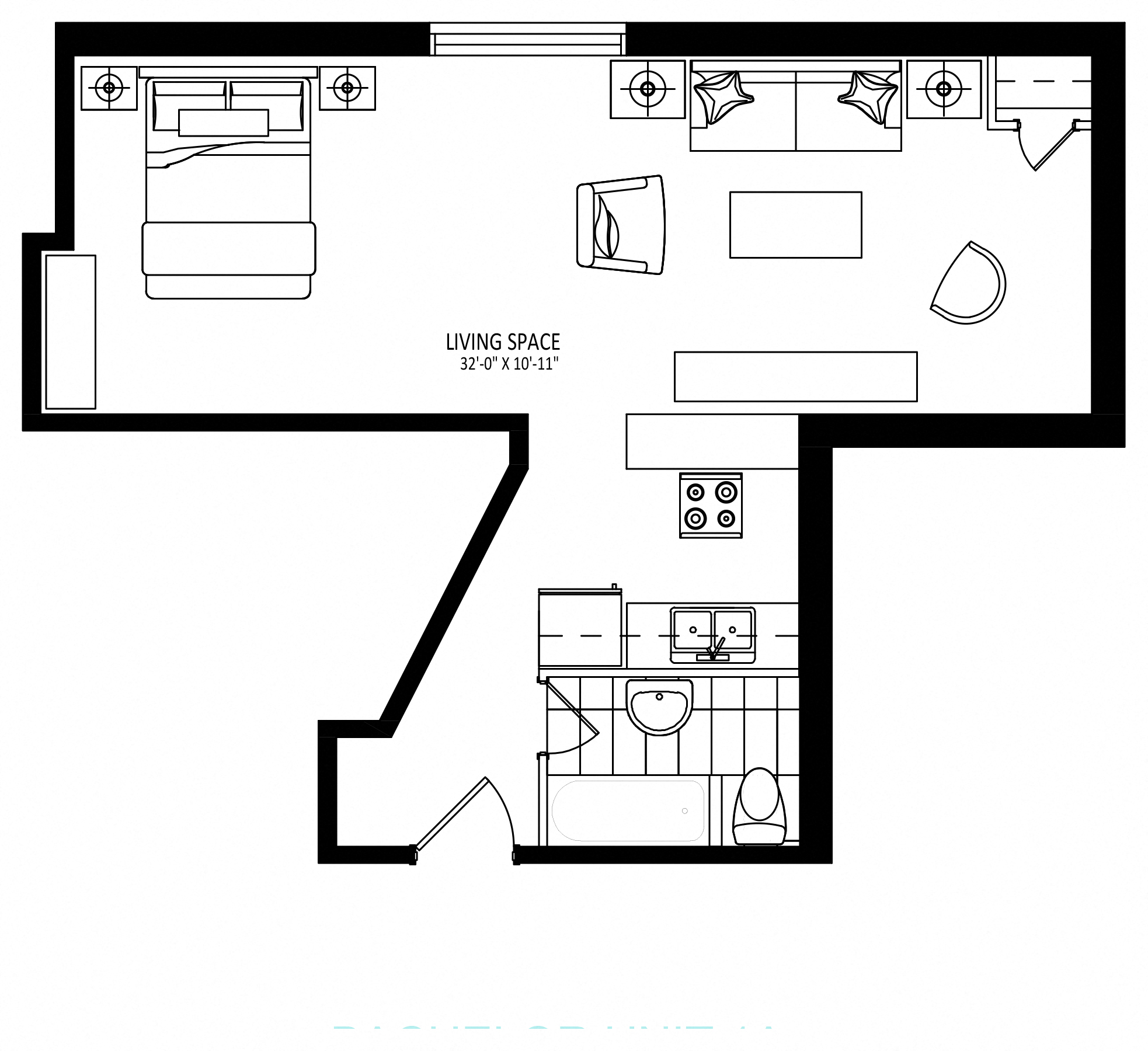 Floor plan for 1 bed, 1 bath, 598 sqft